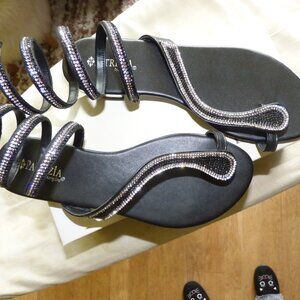 PATRIZIA BY SPRING STEP NEFERTITI-B BLACK SILVER SPARKLE ROMAN SANDLES 39 US 8.5